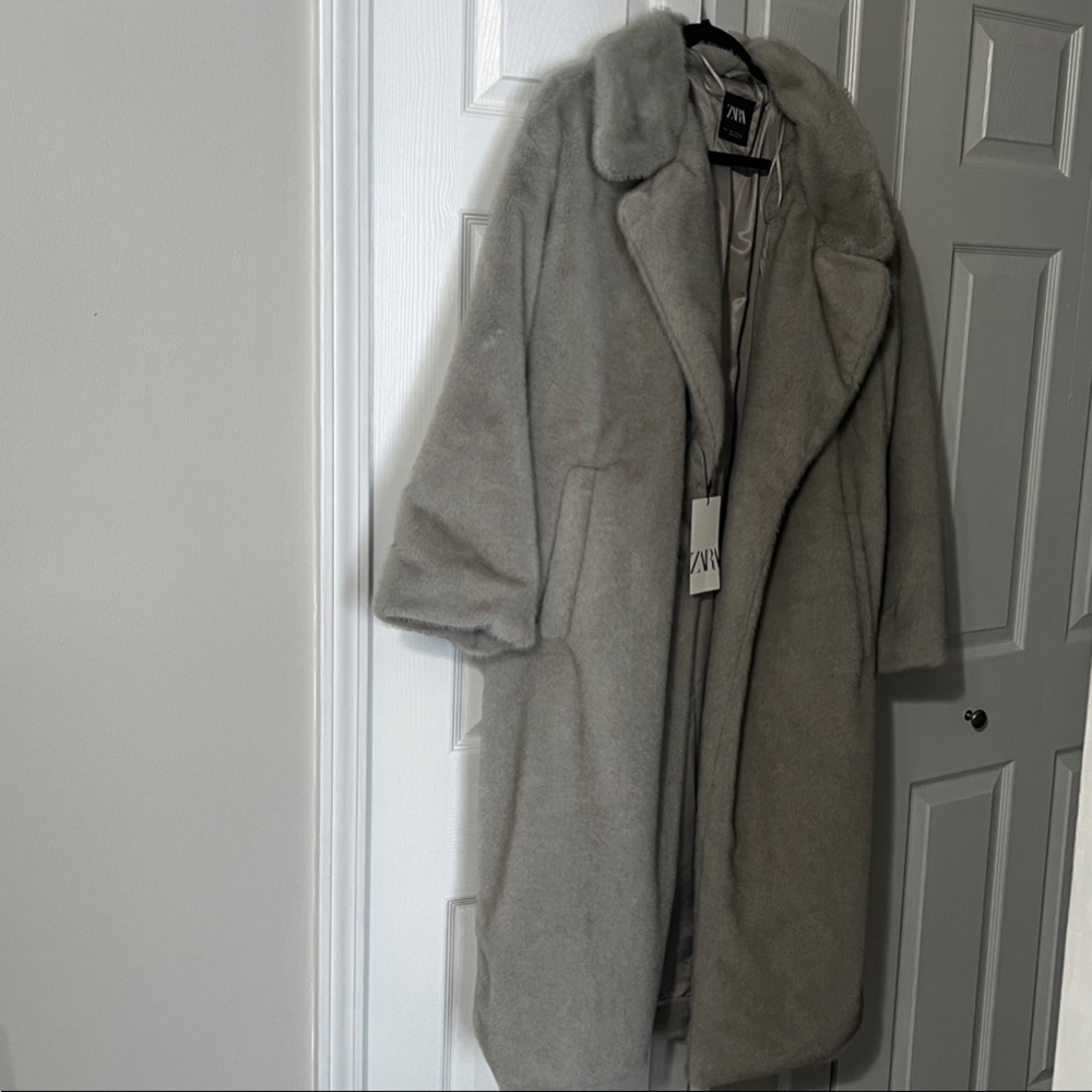 ZARA Gray Long Faux Fur Coat